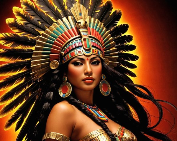 Aztec woman in golden tribal attire with dark feathers