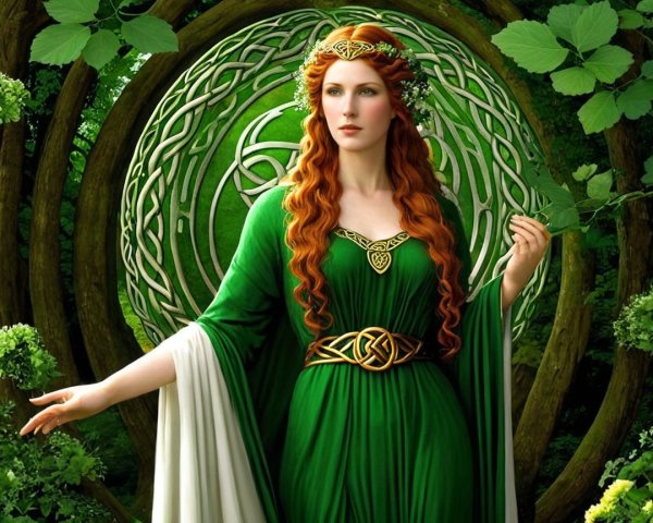Majestic Figure in Green Gown in Verdant Landscape