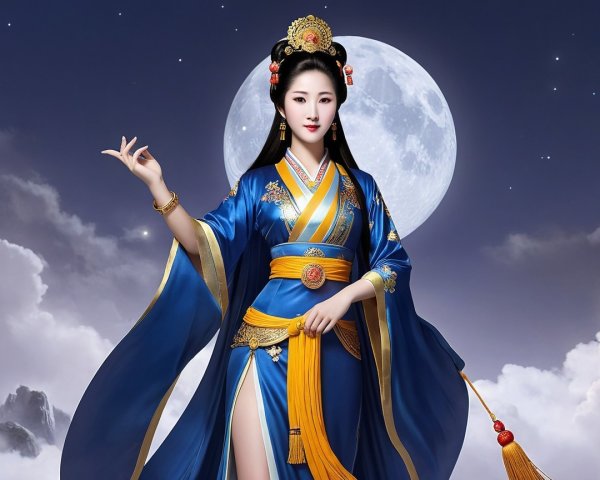 Figure in Blue Robe Against Full Moon Background