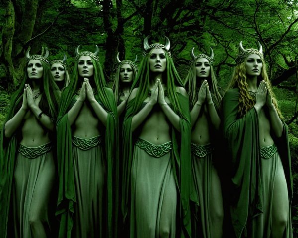 Seven Ethereal Figures in a Lush Green Forest