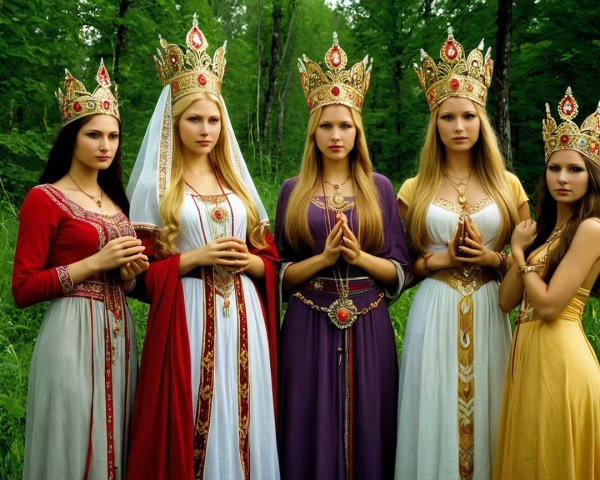 Five Women in Gowns with Crowns in a Forest