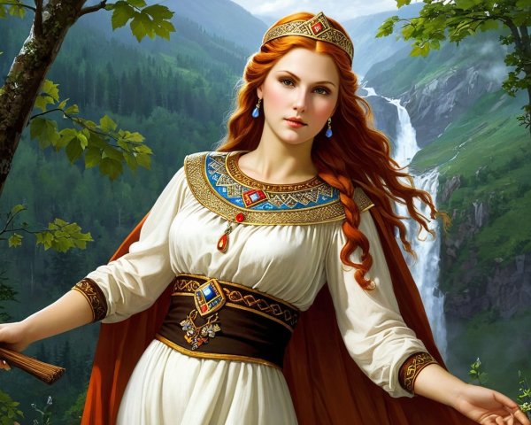 Majestic woman in white gown in vibrant landscape