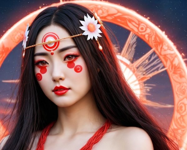 Young woman with red and white intricate makeup and floral headpiece