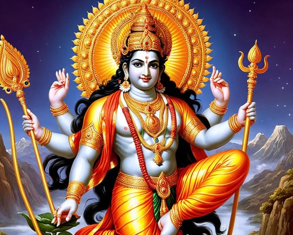Vishnu Figure with Jewelry and Celestial Backdrop