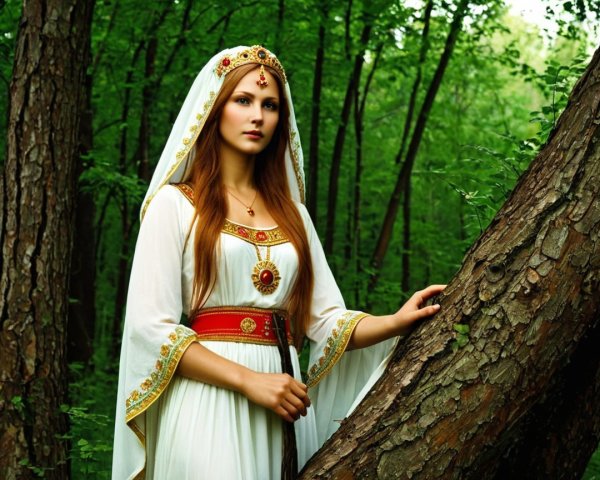 Mystical Figure in Lush Green Forest Attire