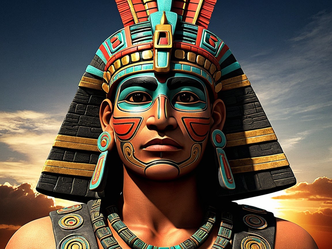 Mesoamerican-Inspired Figure with Vibrant Headdress