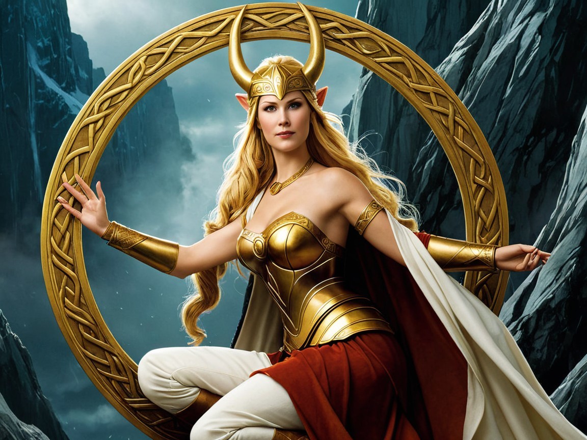 Golden Armored Figure in Ornate Ring Against Mountains