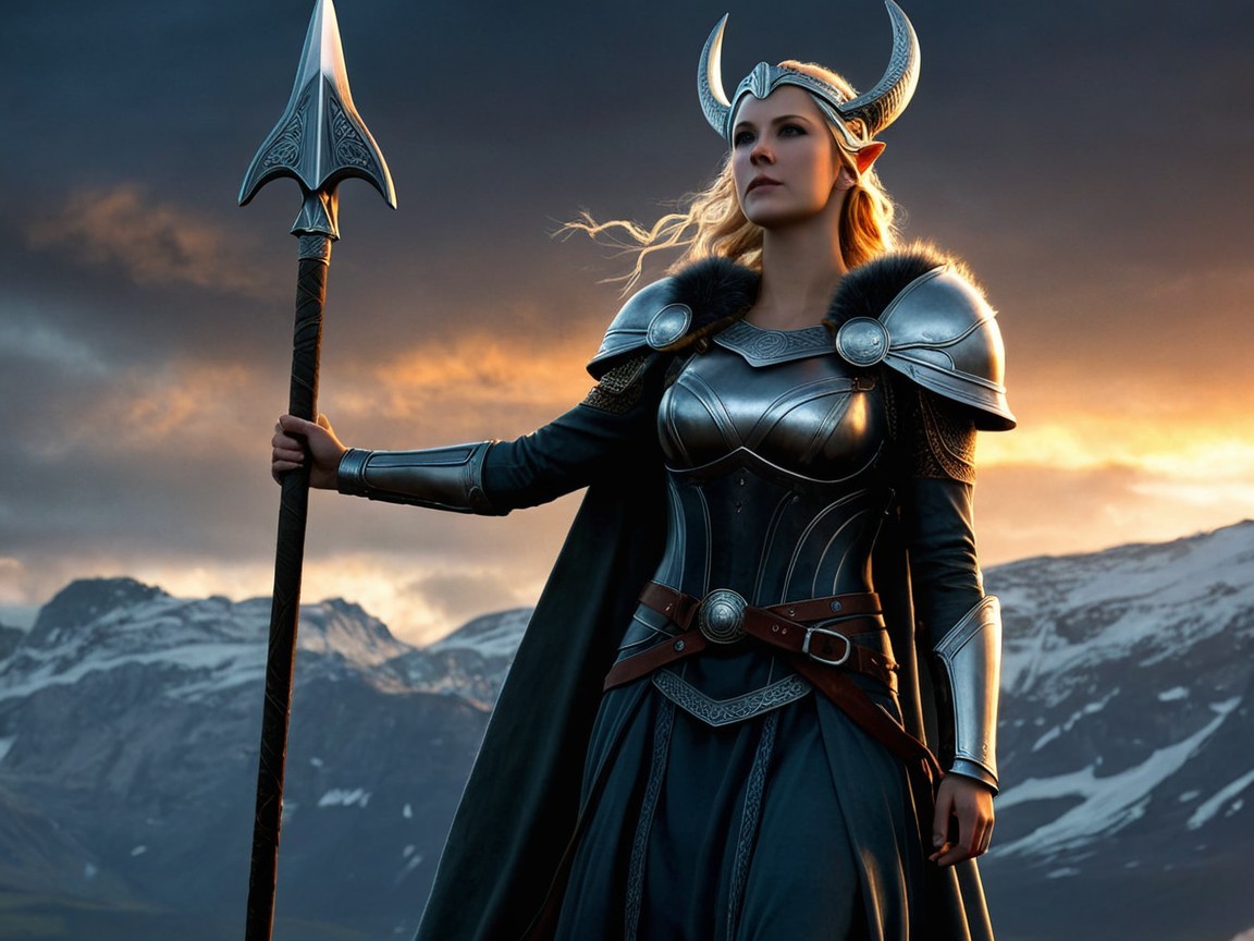 Majestic Warrior in Ornate Armor at Sunset Scene