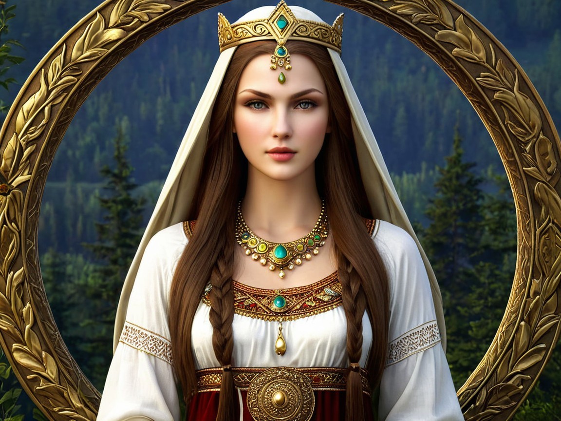 Regal figure in ornate gown in a lush landscape