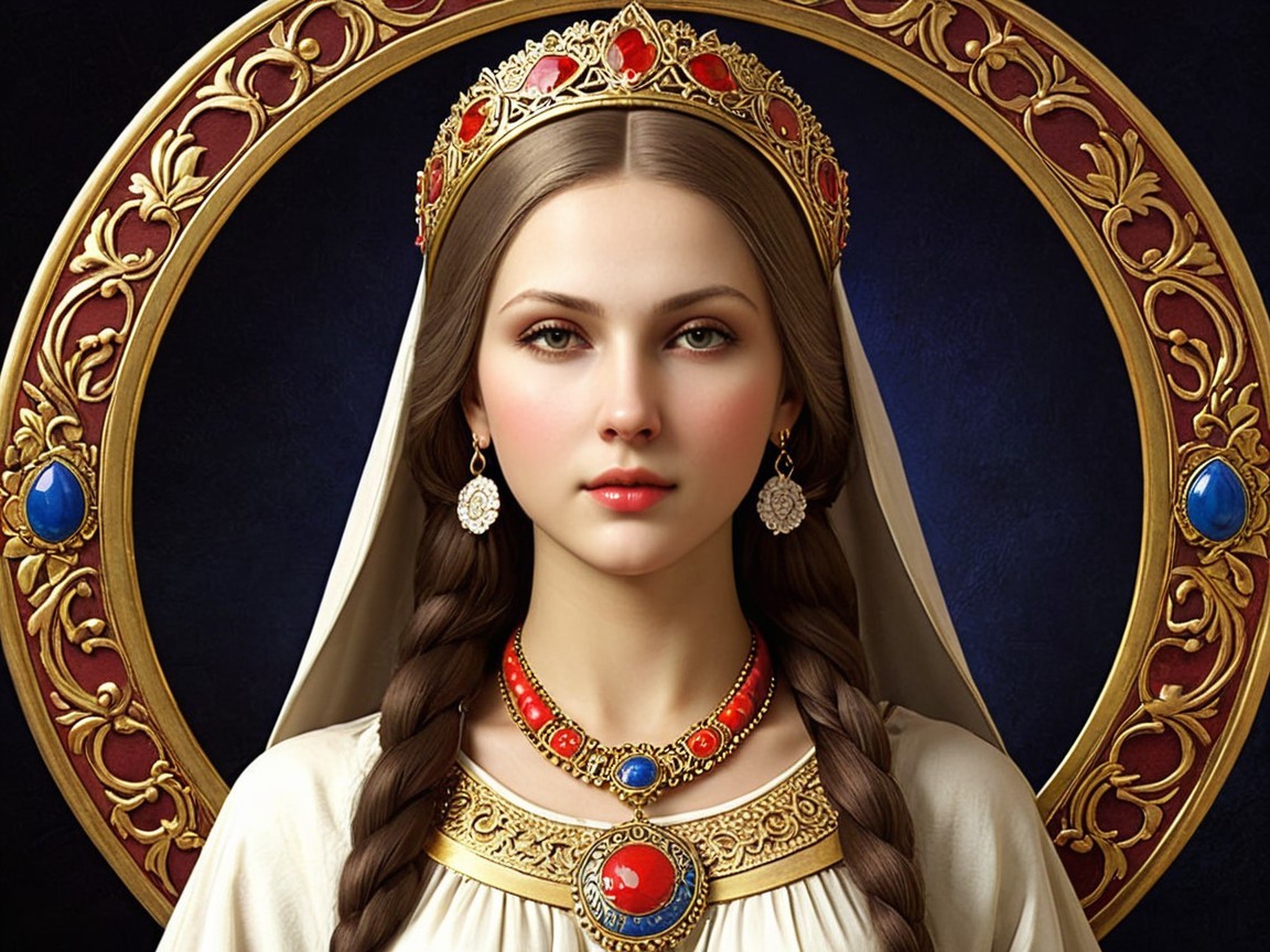 Regal figure with braided hair and ornate attire