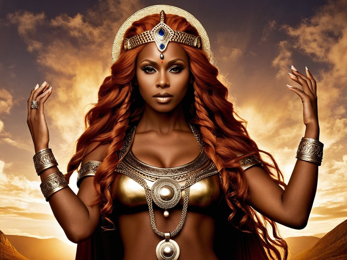 Majestic figure adorned in gold jewelry and cape