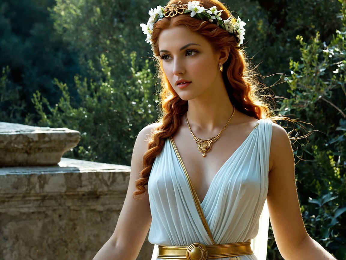 Young Woman in White Gown with Floral Crown Outdoors