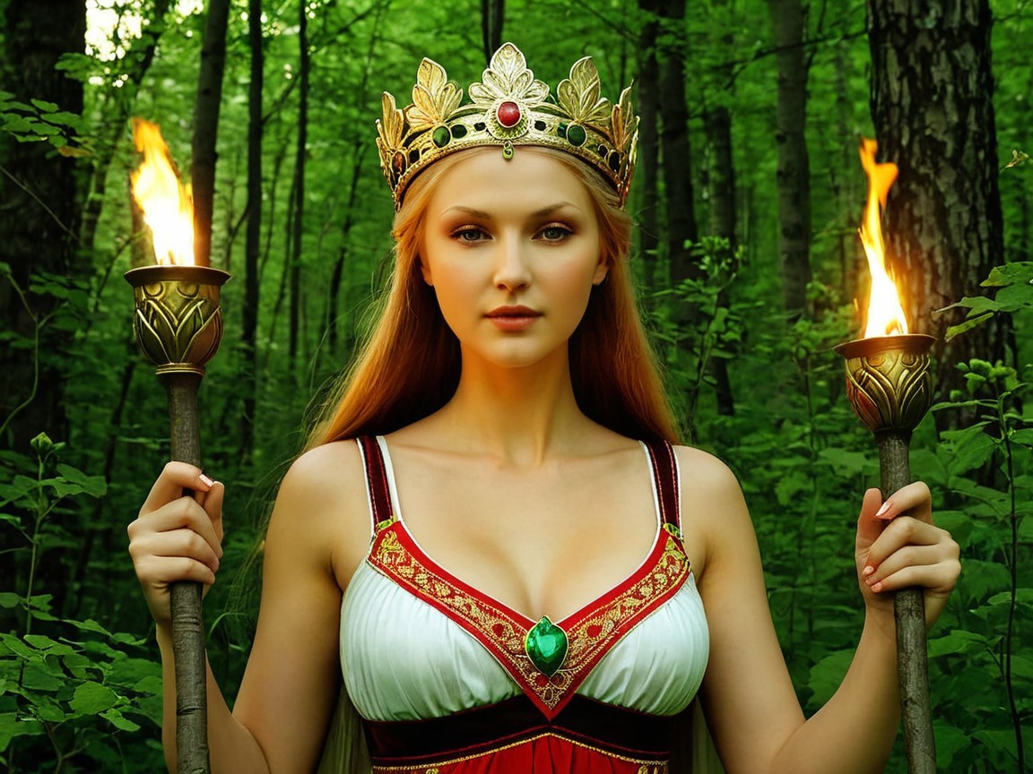 Regal figure in a lush forest with torches and gown