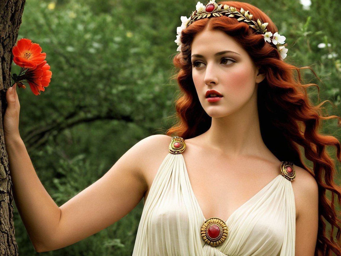 Elegant woman with red hair in a white gown