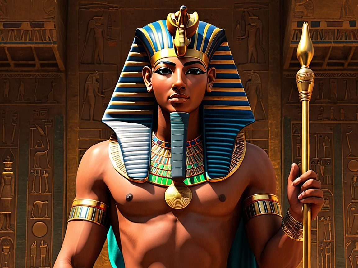 Ancient Egyptian Pharaoh in Blue and Gold Headdress