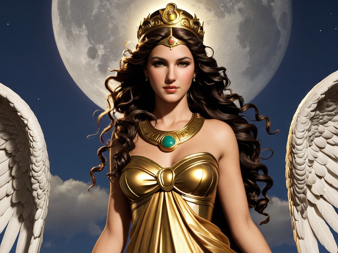 Goddess figure in gold gown with angelic wings