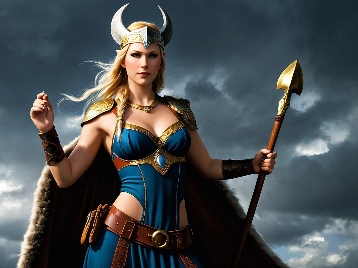 Warrior Woman in Blue Dress with Armor and Spear