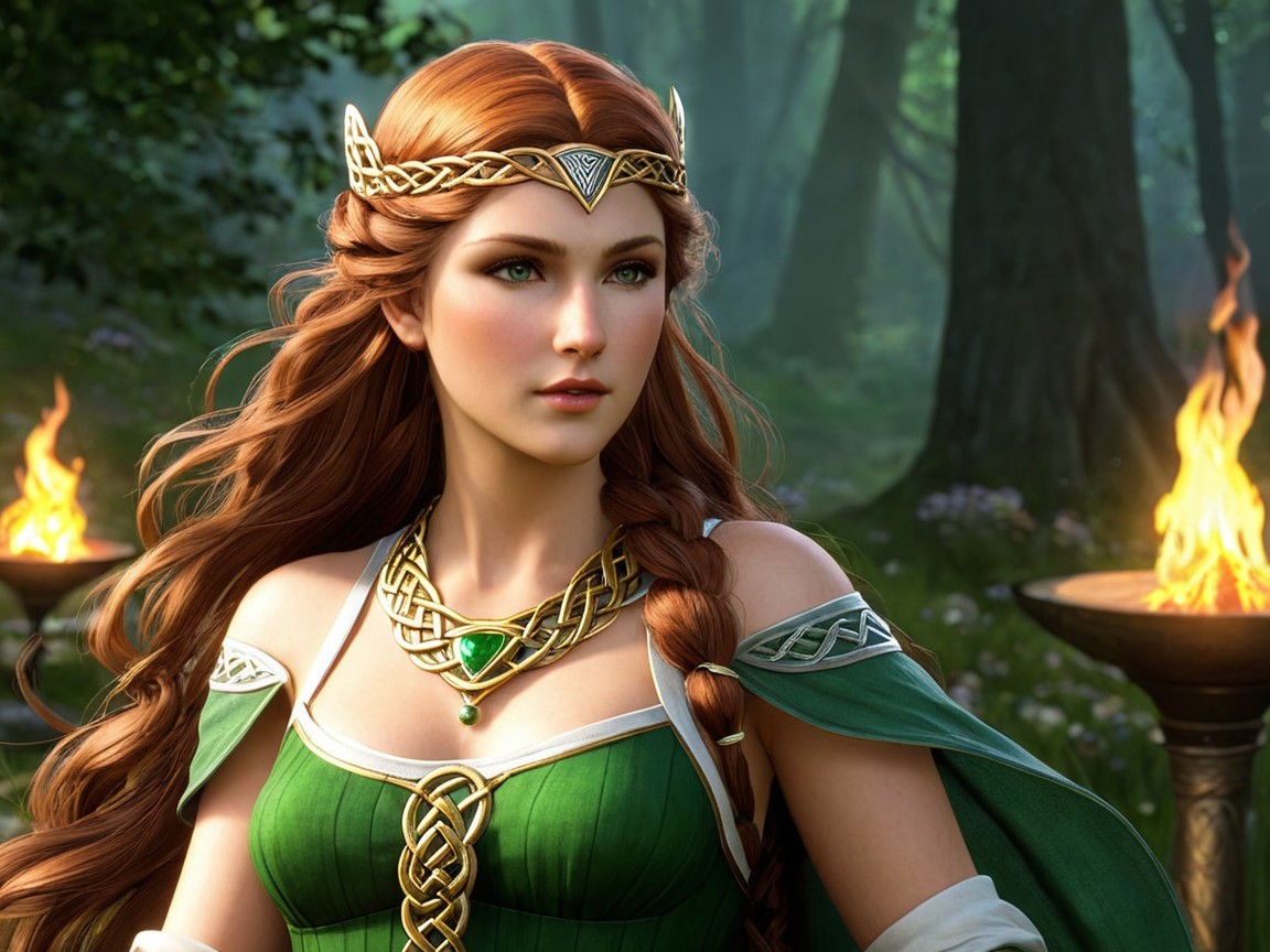 Regal figure in green gown with gold detailing in forest