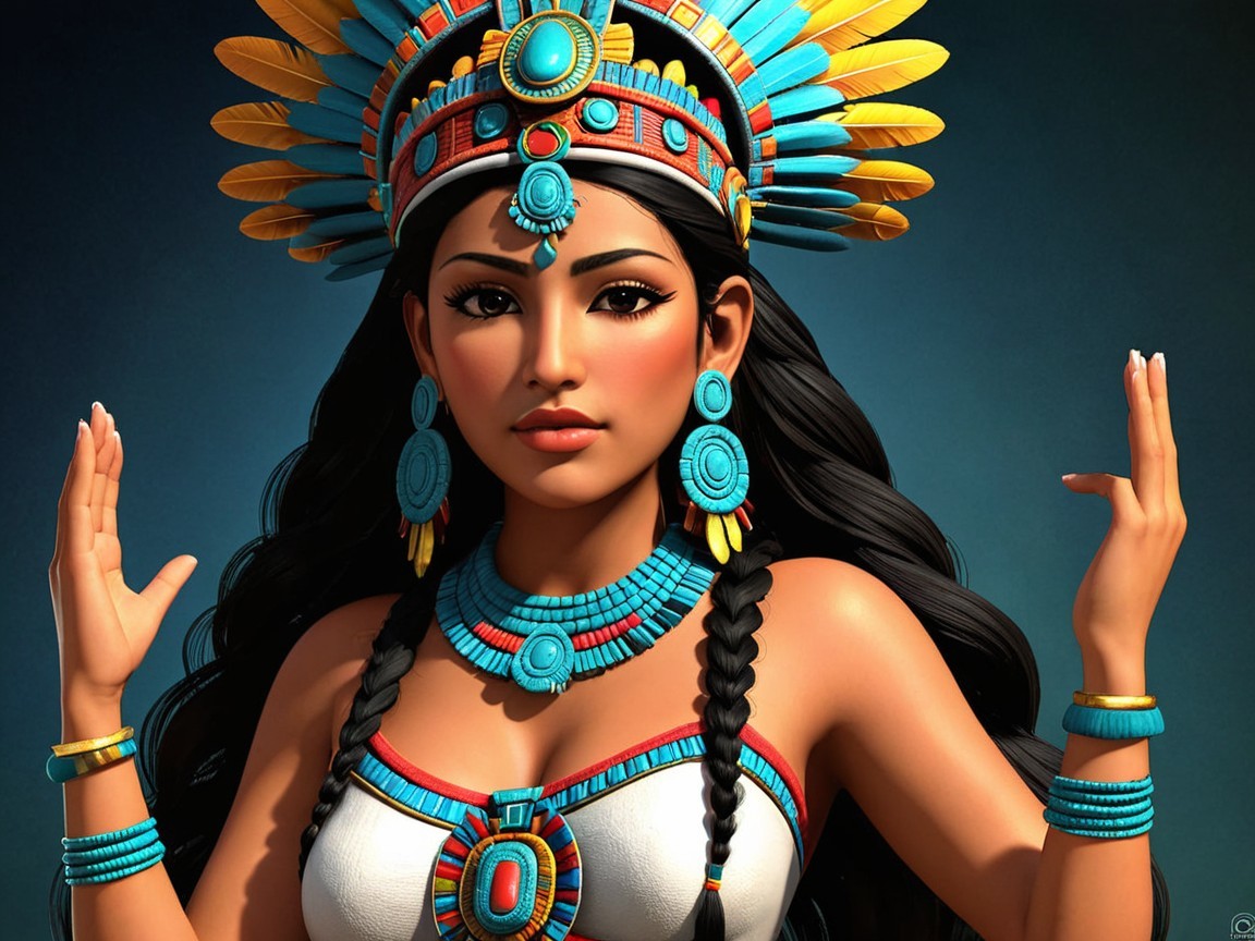 Mesoamerican Woman in Traditional Attire and Jewelry