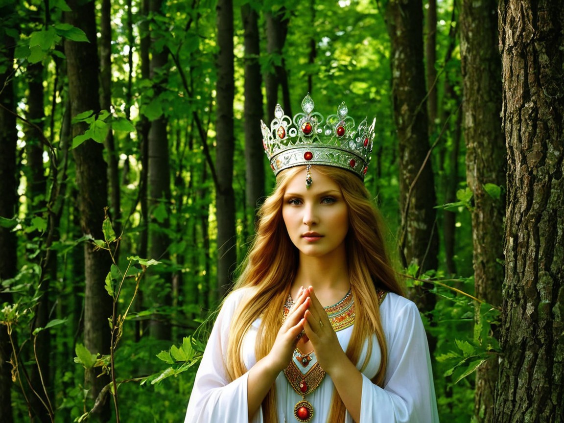 Regal Woman in Forest with Crown and White Gown