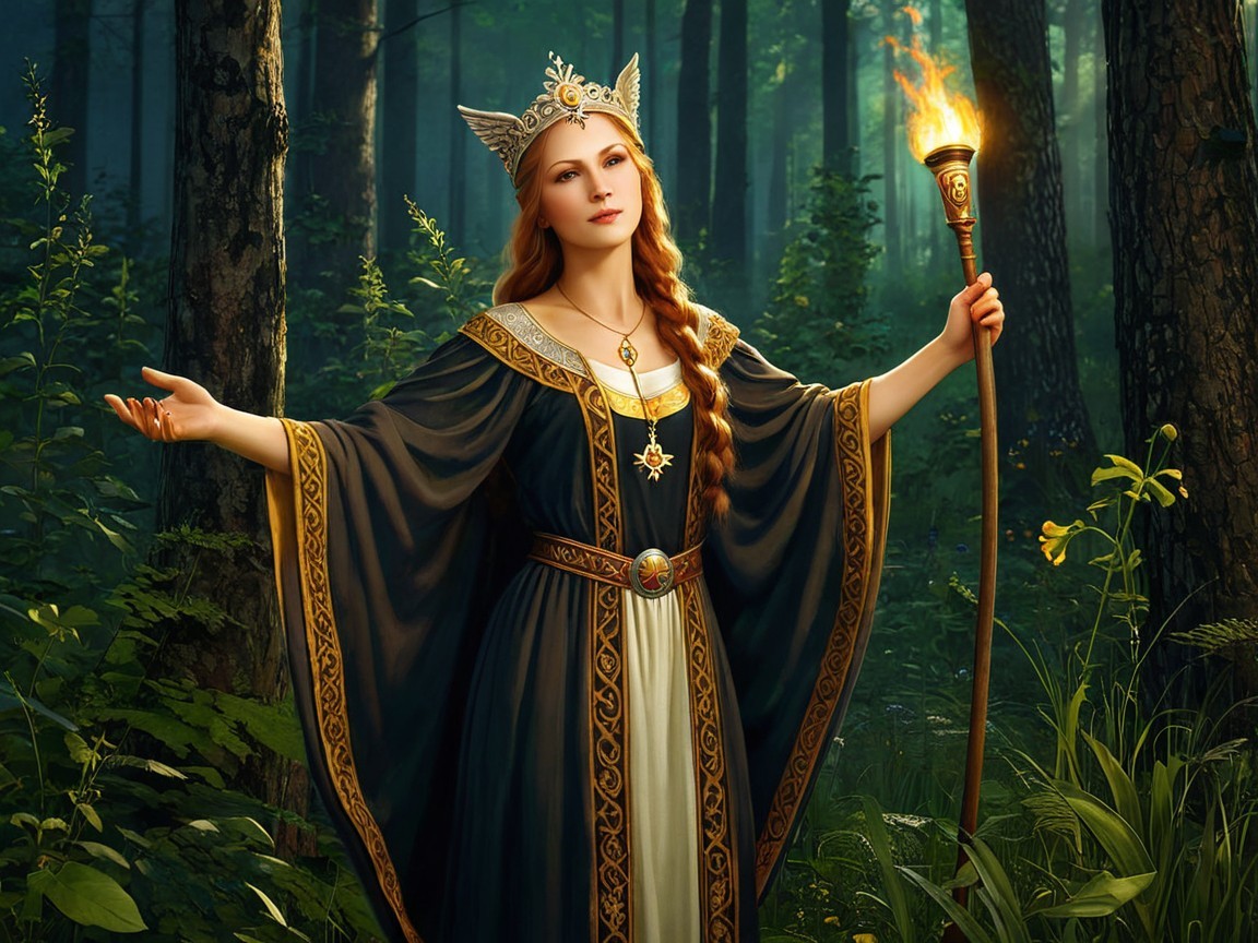 Regal fairy-tale queen in an enchanted forest setting