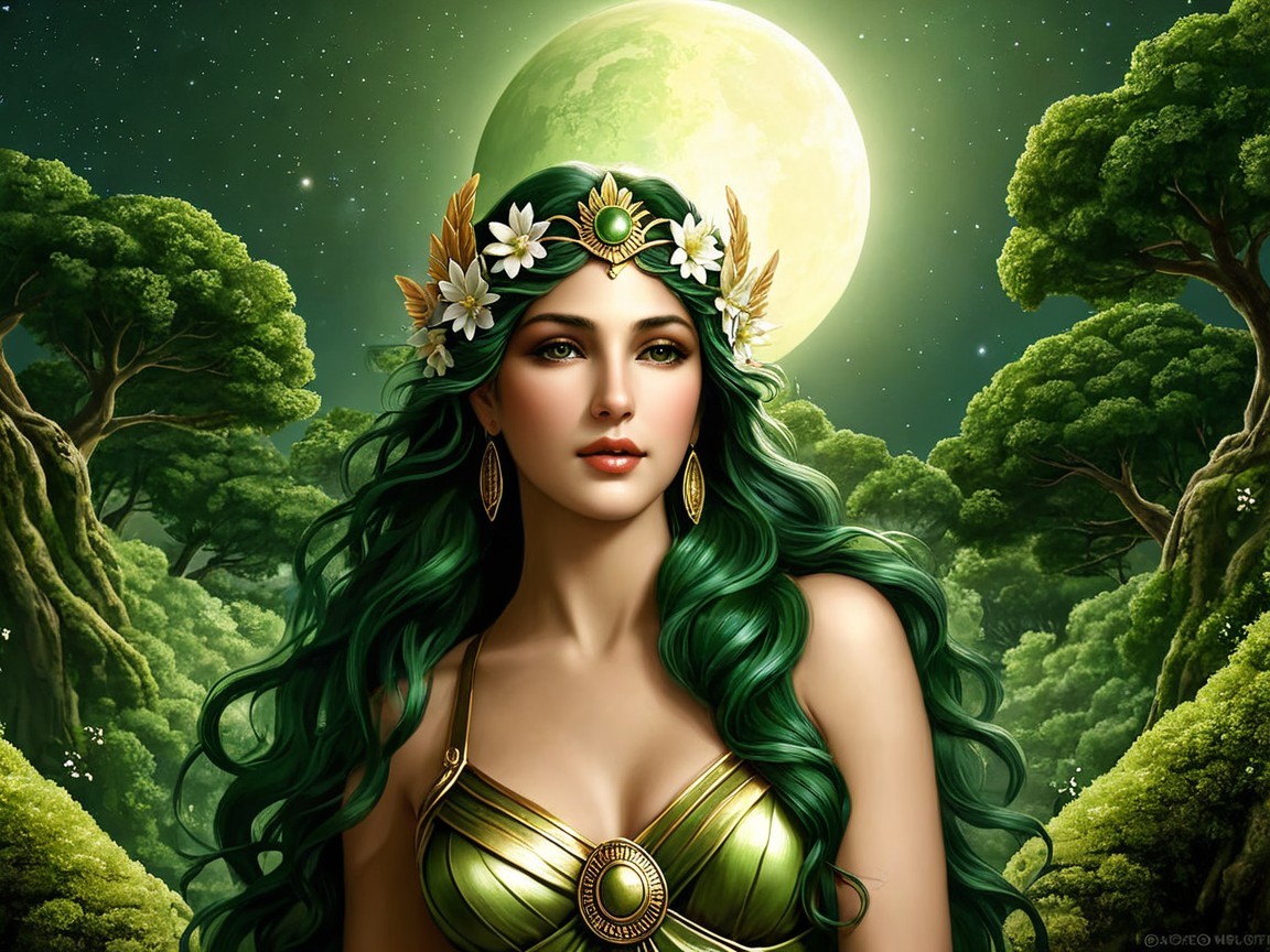 Woman in Floral Attire in Mystical Forest Scene