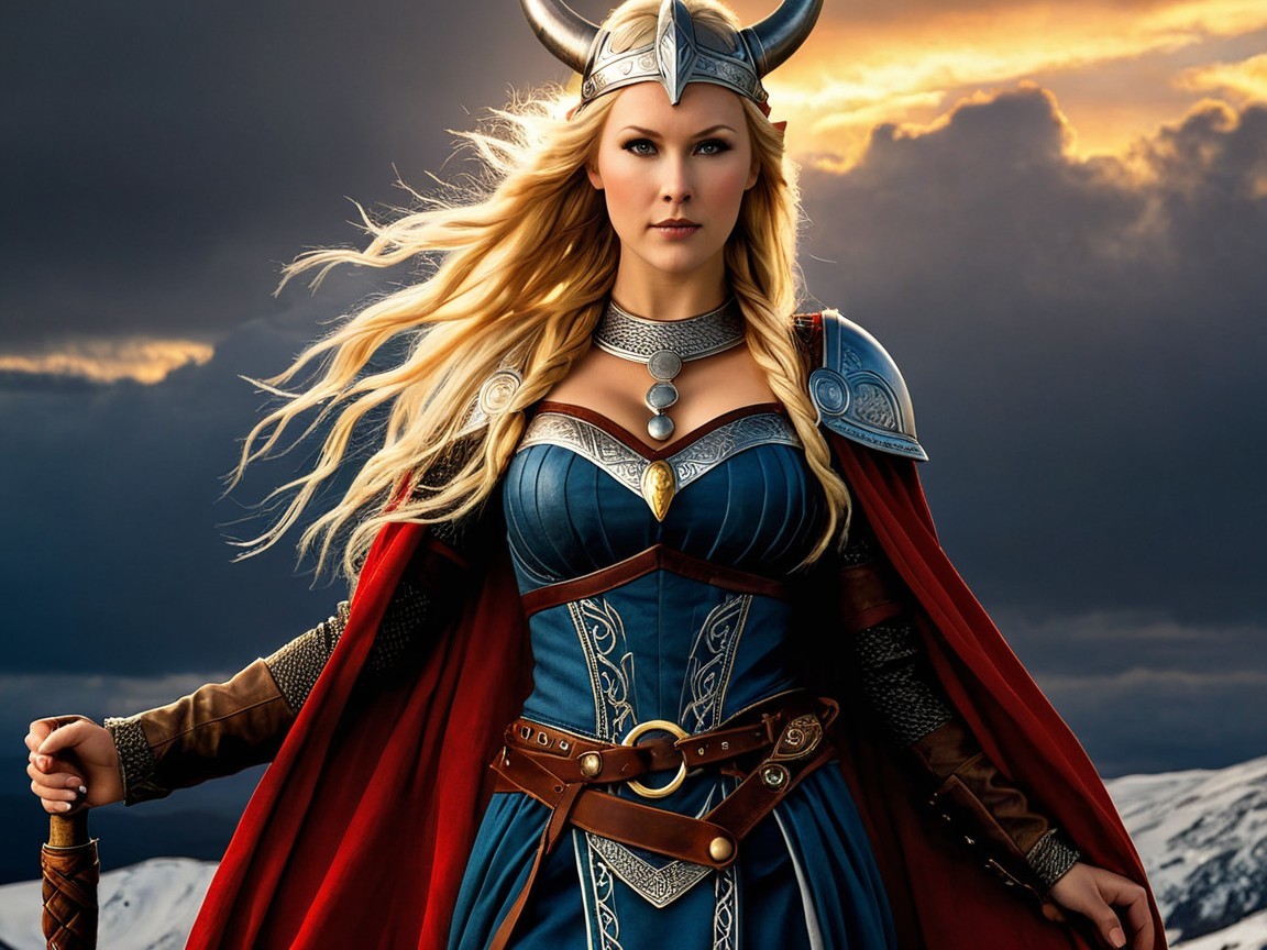 Warrior in Blue and Silver Armor Under Dramatic Sky