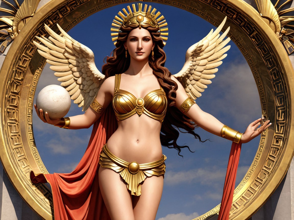 Majestic figure with golden wings in a circular frame