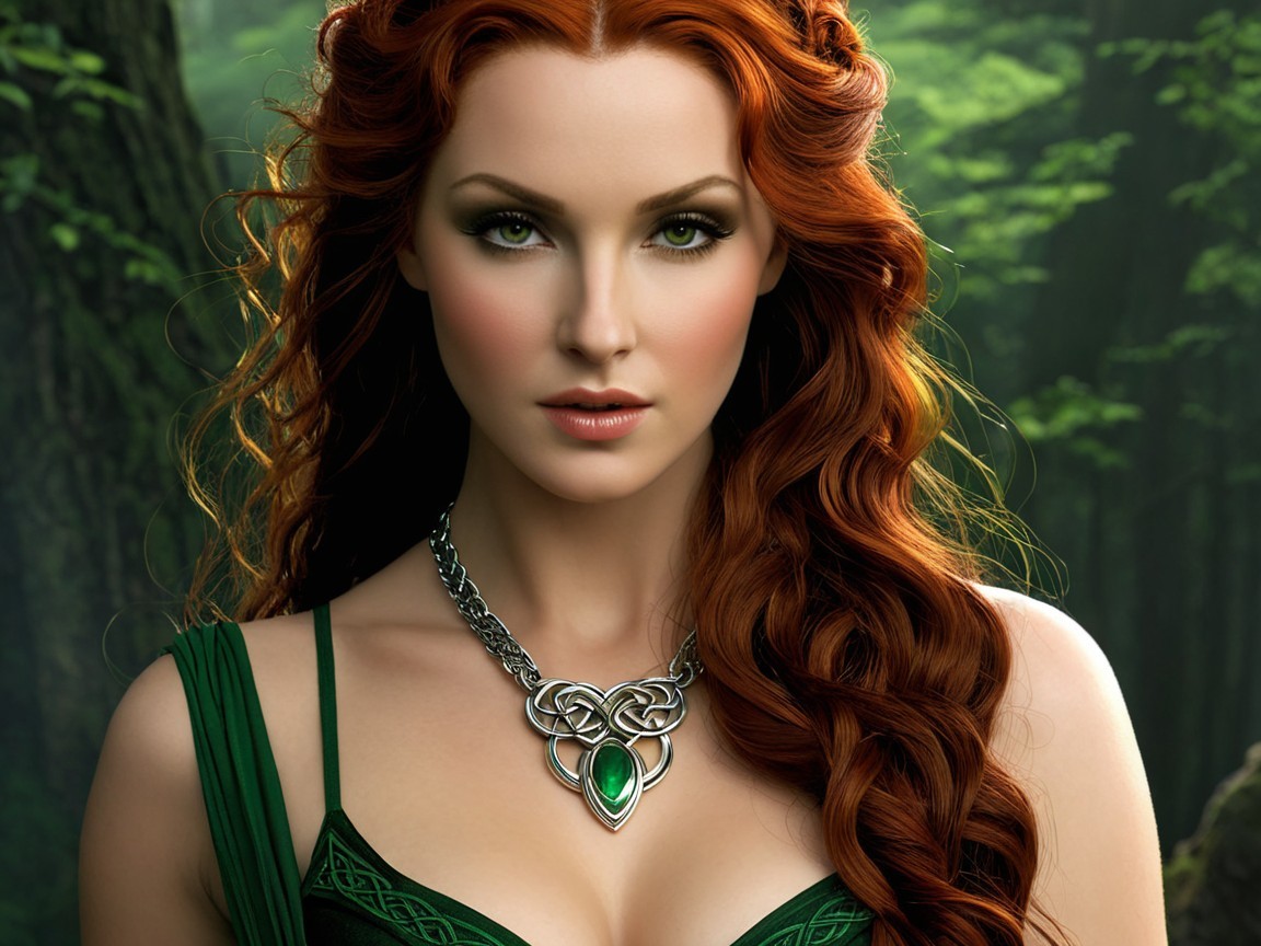 Enchanting figure in lush forest with red hair and dress
