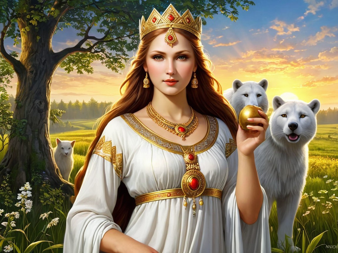 Regal Woman in Meadow with Wolves and Golden Orb