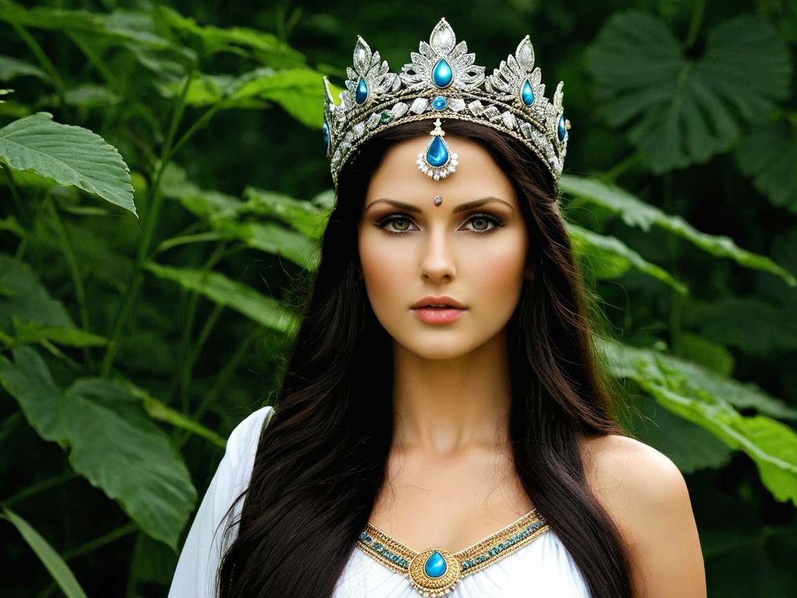 Regal Woman in Silver Crown Surrounded by Greenery