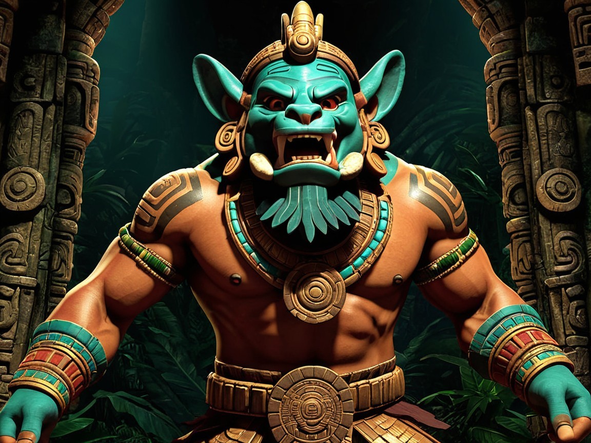 Turquoise-skinned creature in ancient stone setting