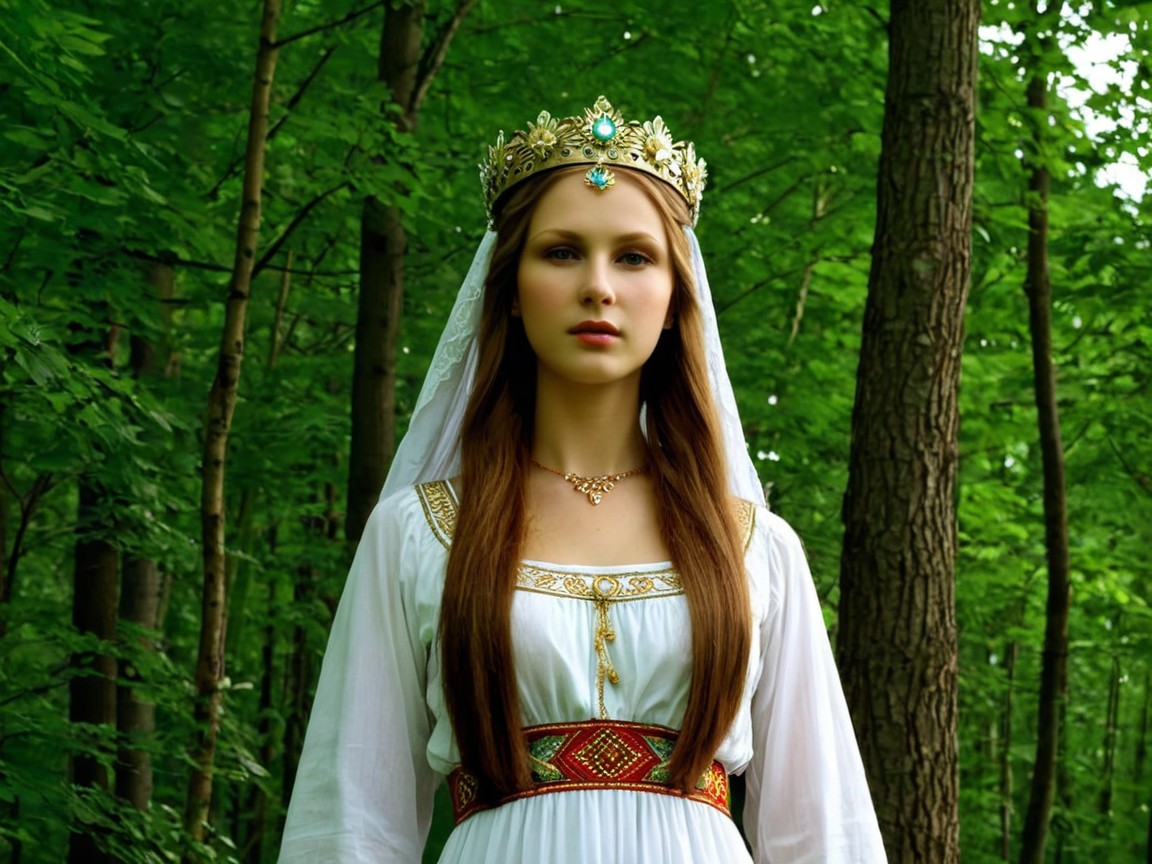 Regal figure in white gown within a lush forest setting