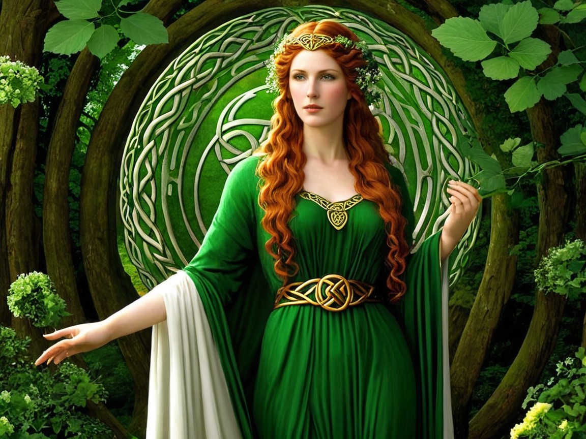 Majestic Figure in Green Gown in Verdant Landscape