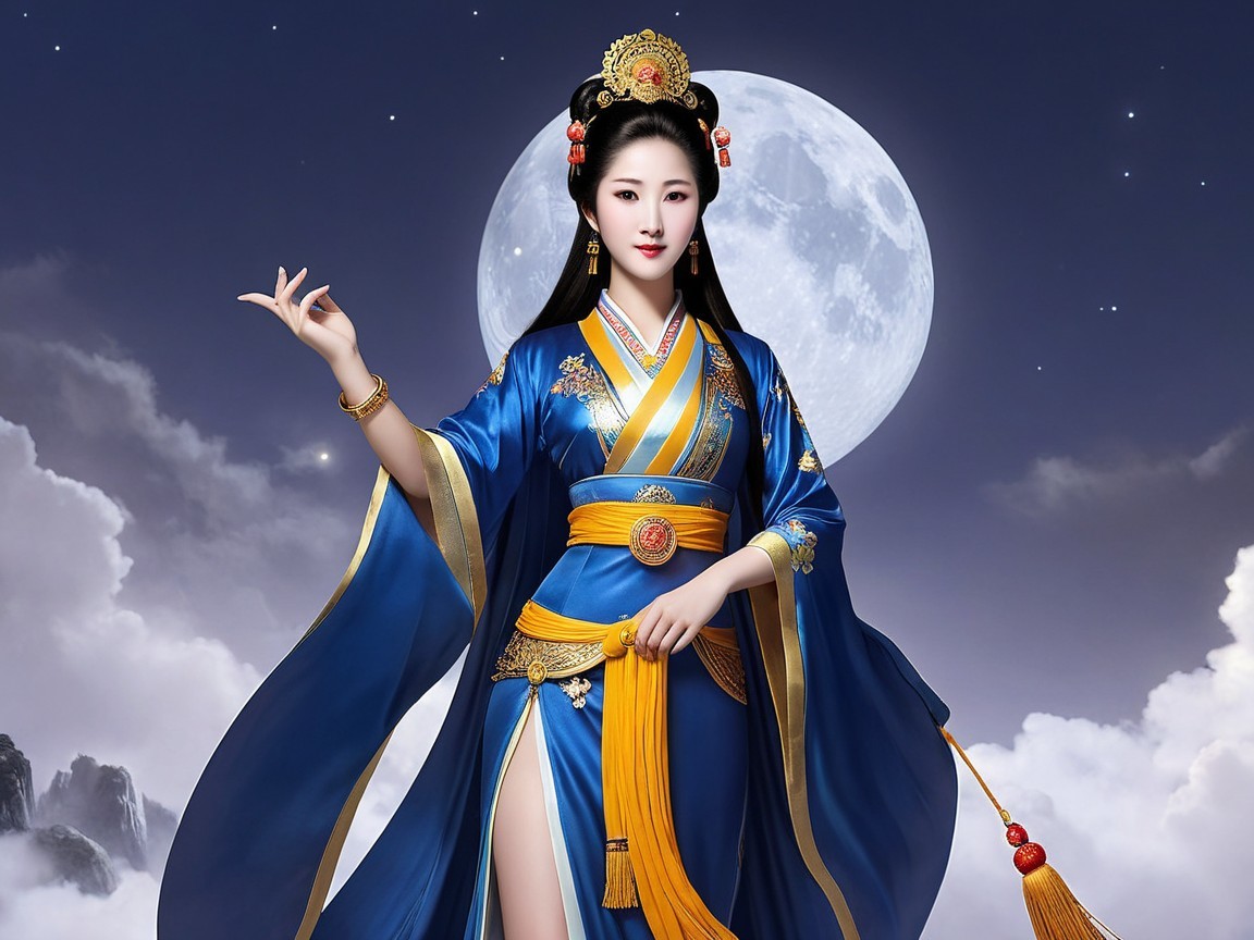 Figure in Blue Robe Against Full Moon Background
