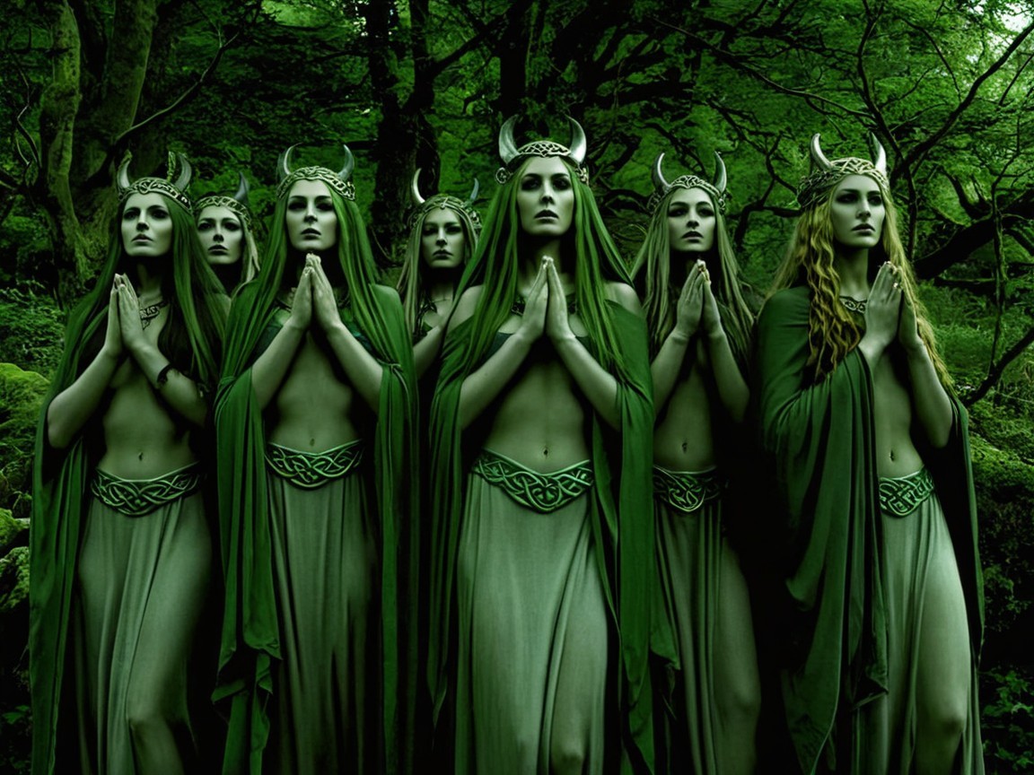Seven Ethereal Figures in a Lush Green Forest