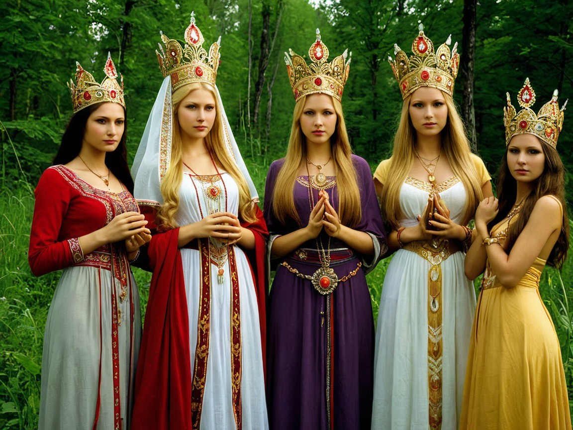Five Women in Gowns with Crowns in a Forest