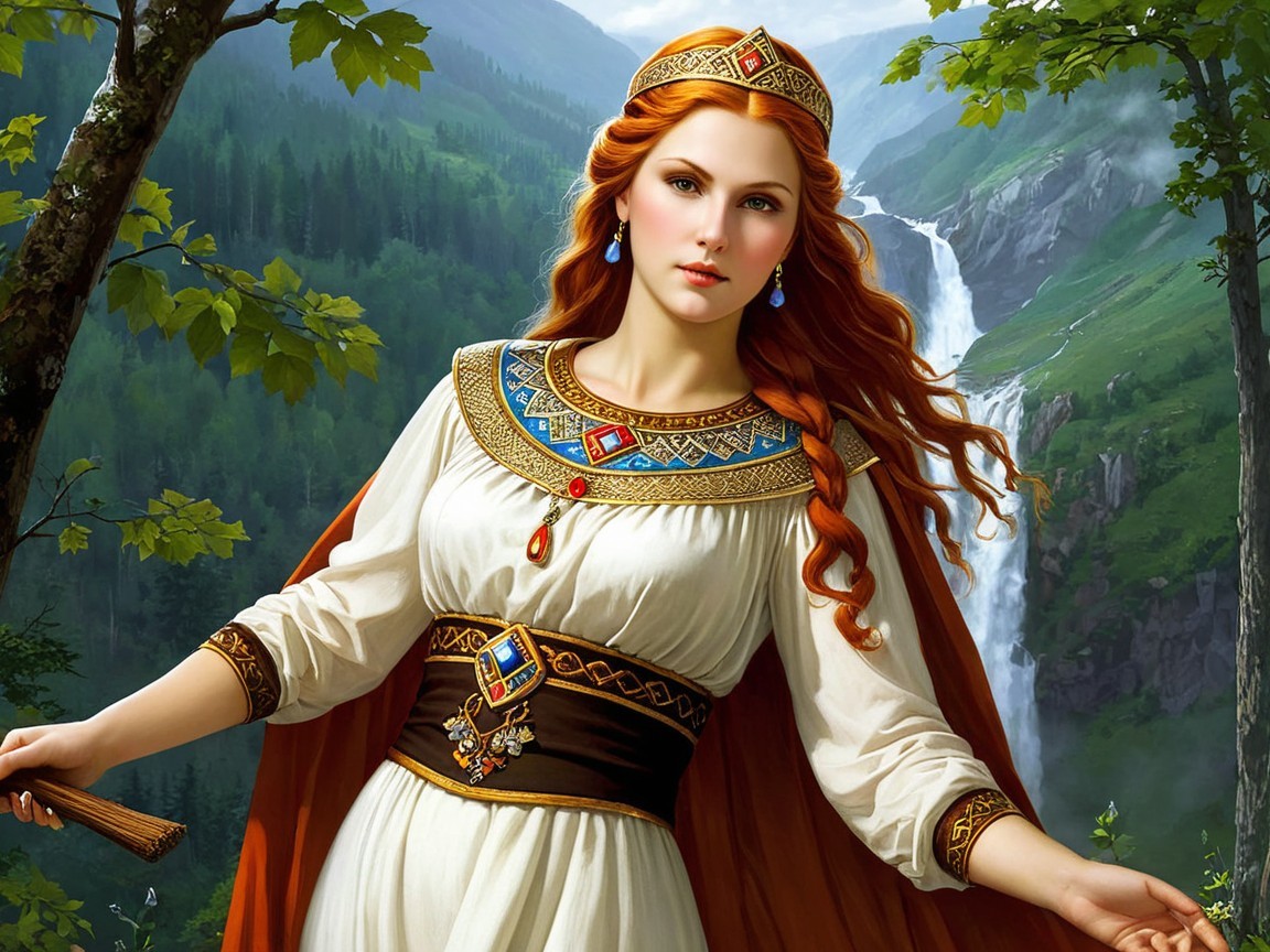 Majestic woman in white gown in vibrant landscape