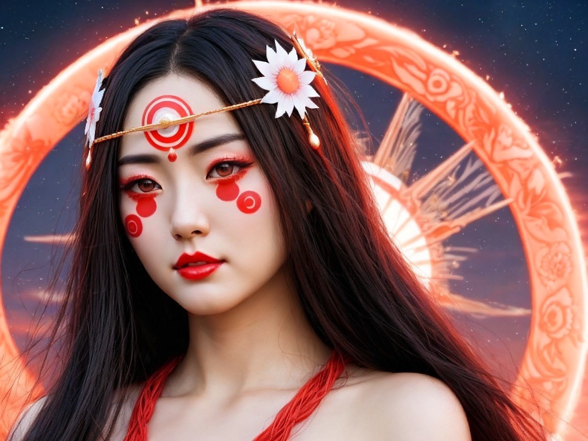 Young woman with red and white intricate makeup and floral headpiece
