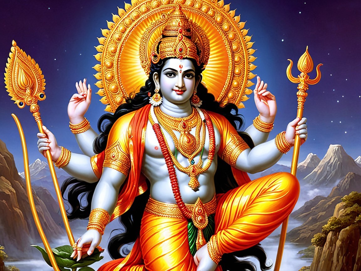 Vishnu Figure with Jewelry and Celestial Backdrop