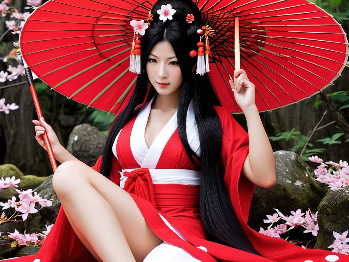 Woman in red kimono among cherry blossoms and greenery