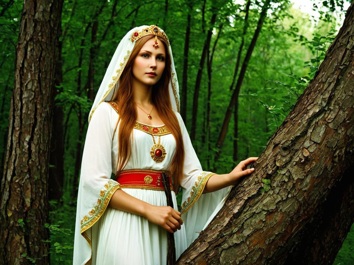 Mystical Figure in Lush Green Forest Attire
