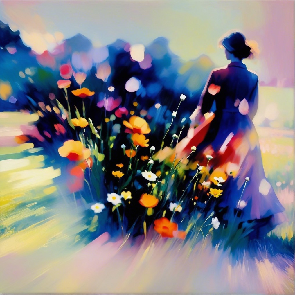 Dreamlike Scene of Figure in Flower Field