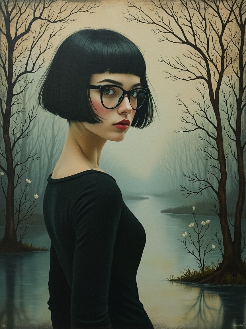 Young Woman in Bob Haircut in Ethereal Landscape