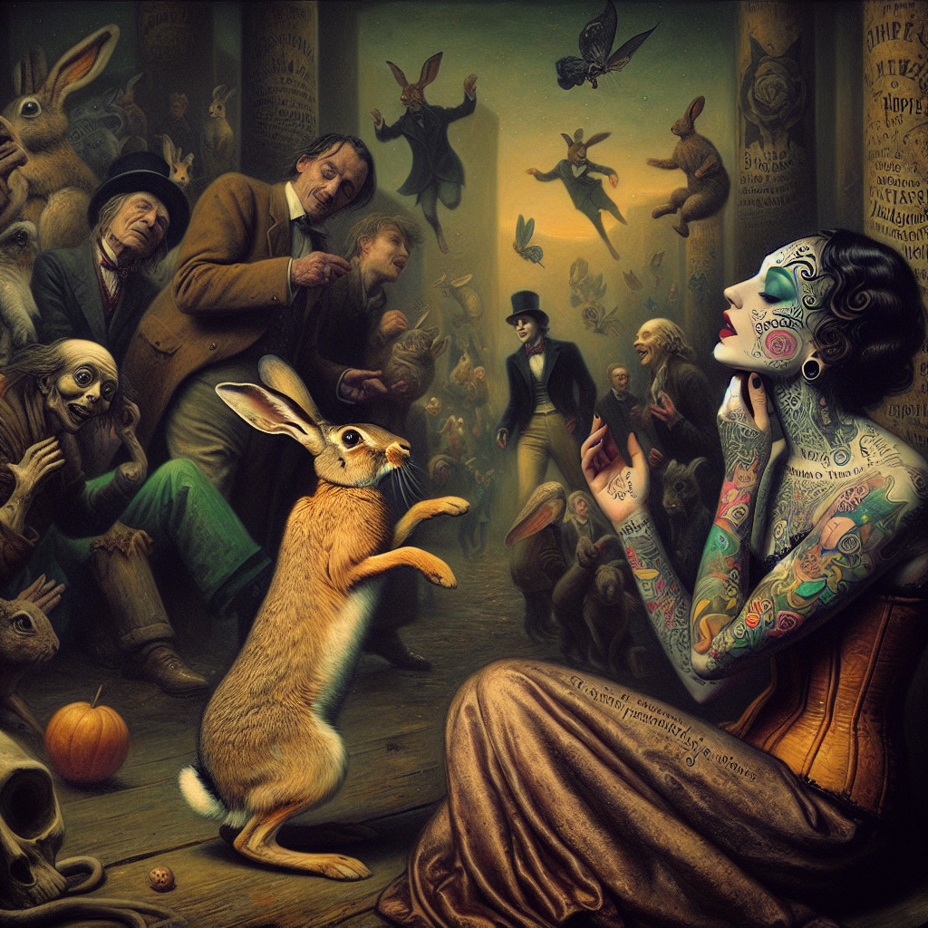 Surreal Scene with Tattooed Woman and Rabbit in Chaos