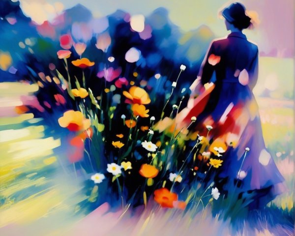 Dreamlike Scene of Figure in Flower Field
