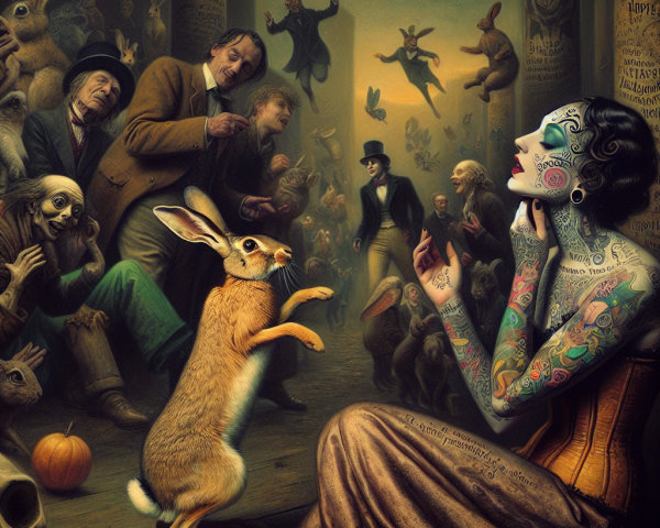 Surreal Scene with Tattooed Woman and Rabbit in Chaos