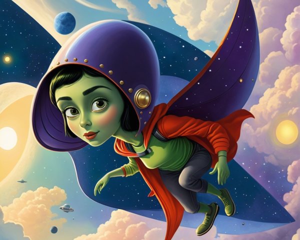 Whimsical Green-Skinned Character in Cosmic Scene
