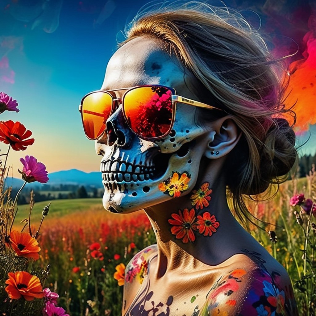 Woman with Skull Face Paint in Colorful Field