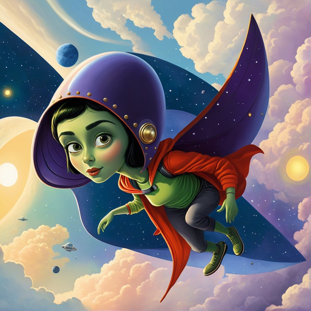Whimsical Green-Skinned Character in Cosmic Scene
